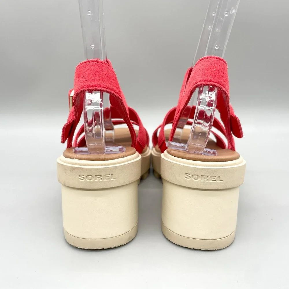 Sorel Joanie Heel Sandals Womens 9.5 Pink Red Suede Chunky Platform Strappy Shoe